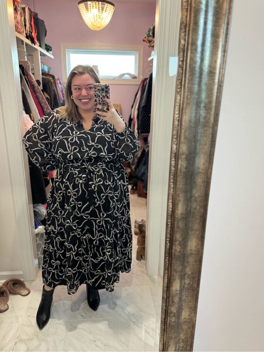 Lane Bryant Black & White Bow Print V-Neck Midi Dress